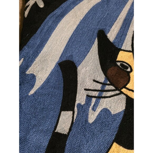 Modern Abstract Embroidered Pillow Cover  Handmade Blue & Gold Boho Feline Art - Picture 10 of 11